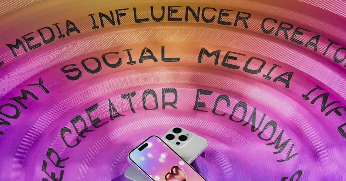 Smartphone sobre un fondo con las palabras creator economy y social media