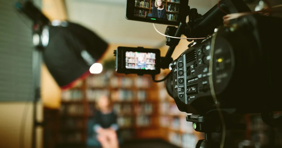 Cámara de vídeo grabando una entrevista en un set con estanterías