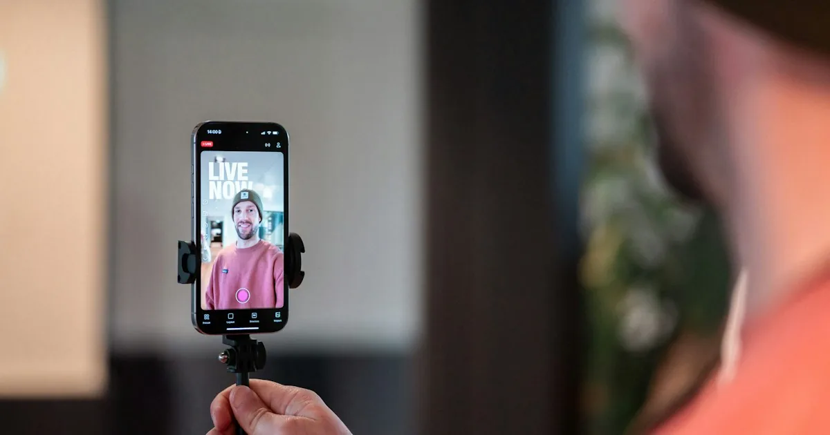 Móvil en un palo de selfie grabando un vídeo vertical