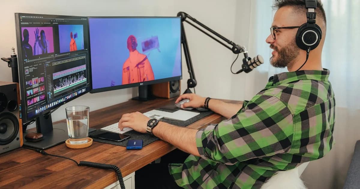 Creador con auriculares y micrófono editando vídeo en un escritorio con dos monitores