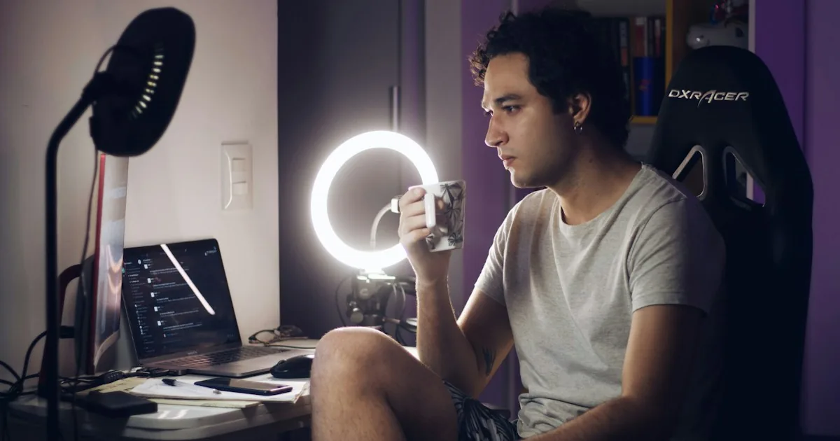 Creador grabándose con un aro de luz en su habitación