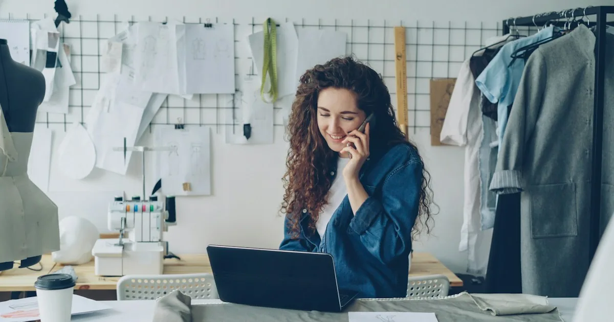 Emprendedora hablando por teléfono en su taller mientras trabaja con un portátil